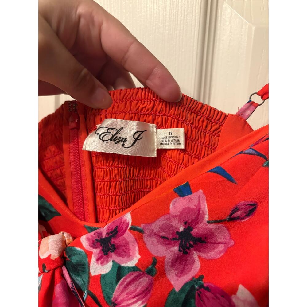 ELIZA J Tropical Red Orange Bow Top Maxi Dress Size 18 Sleeveless Resort - Picture 3 of 4